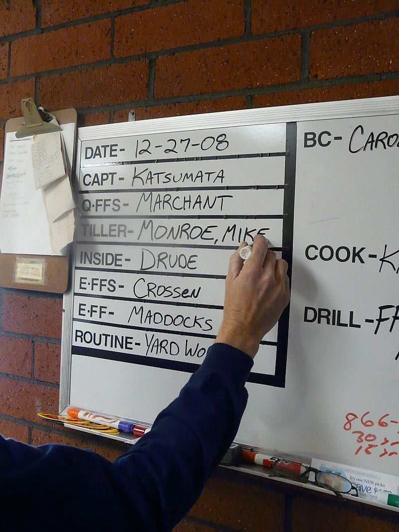 A firehouse duty board being filled in