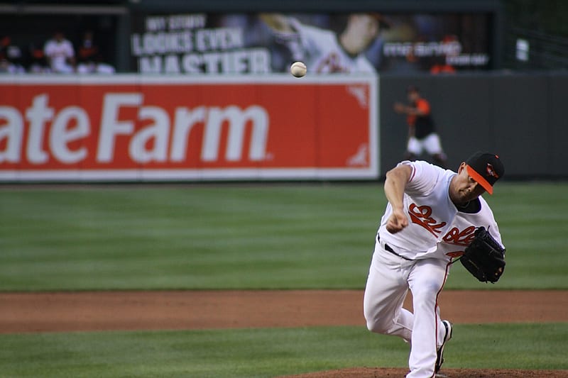 A Baltimore Orioles pitcher mid-throw