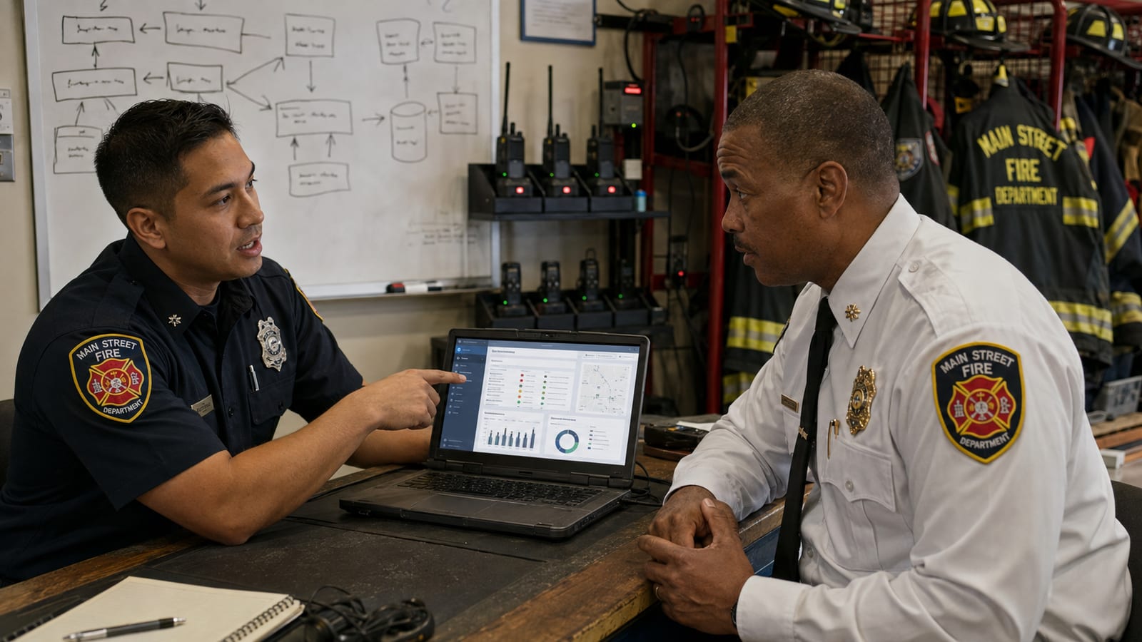 A fire officer showing analysis on a laptop dashboard to a fire chief