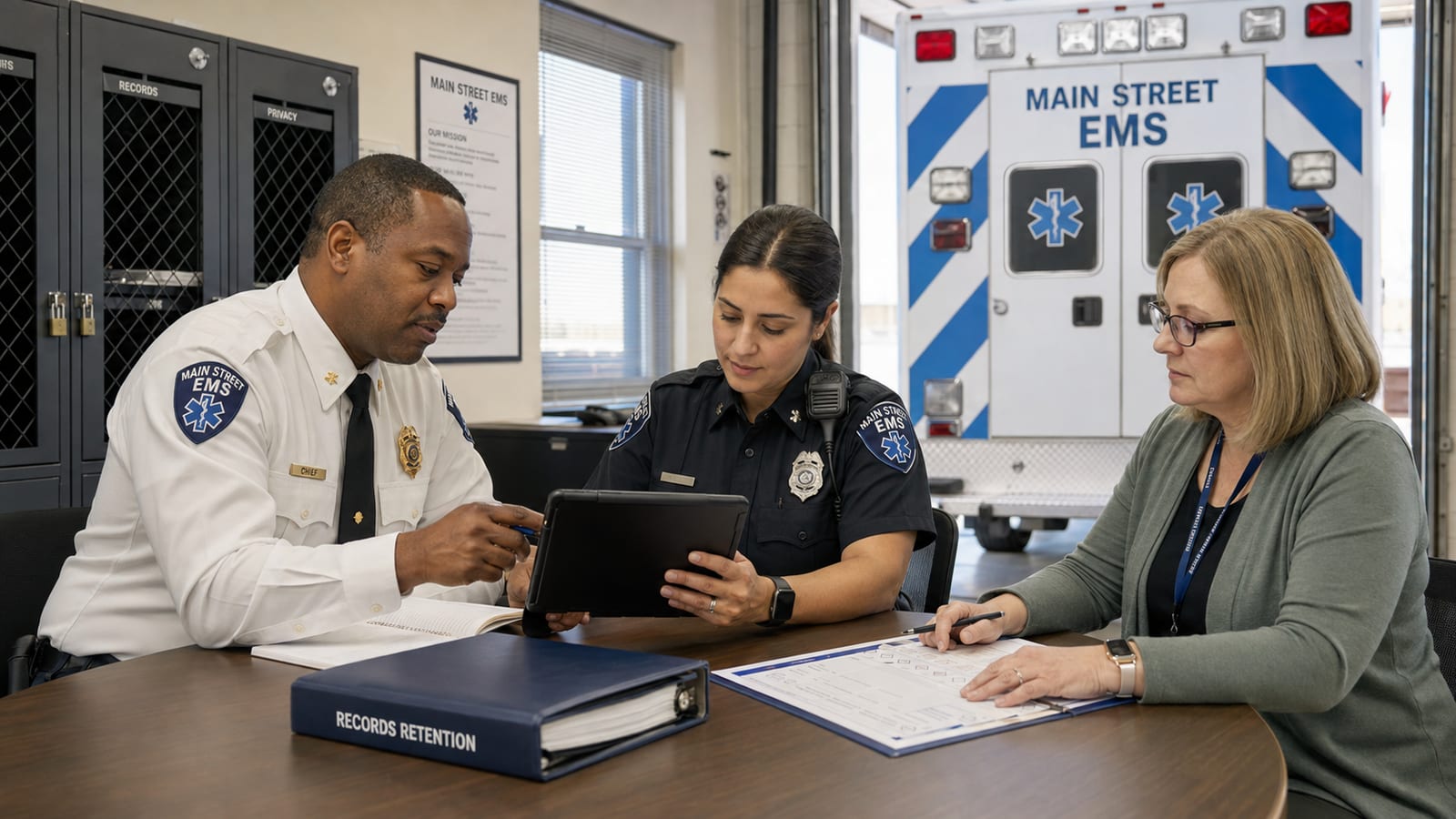 An EMS chief, medic and records administrator reviewing a records-retention binder