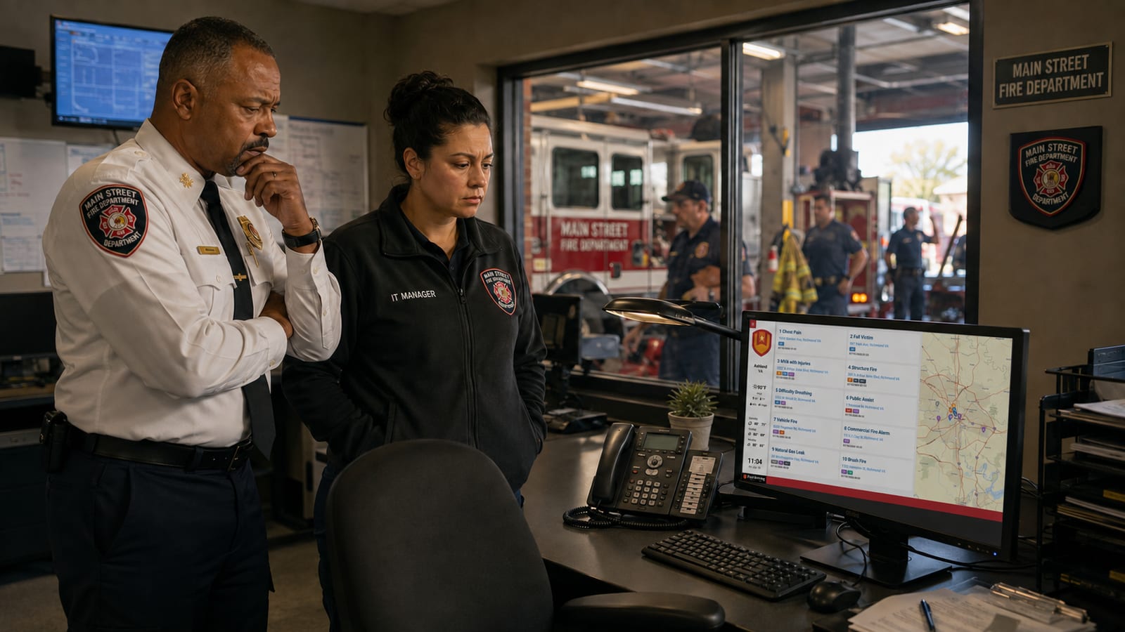 A fire chief and IT manager reviewing an incident dashboard the department depends on