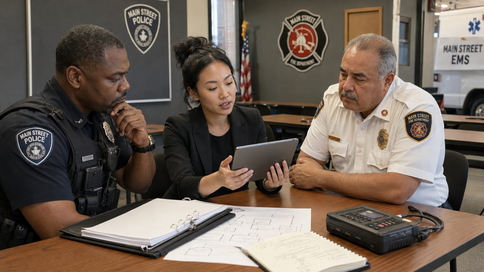A technology advisor walking a police captain and fire chief through an evaluation on a tablet