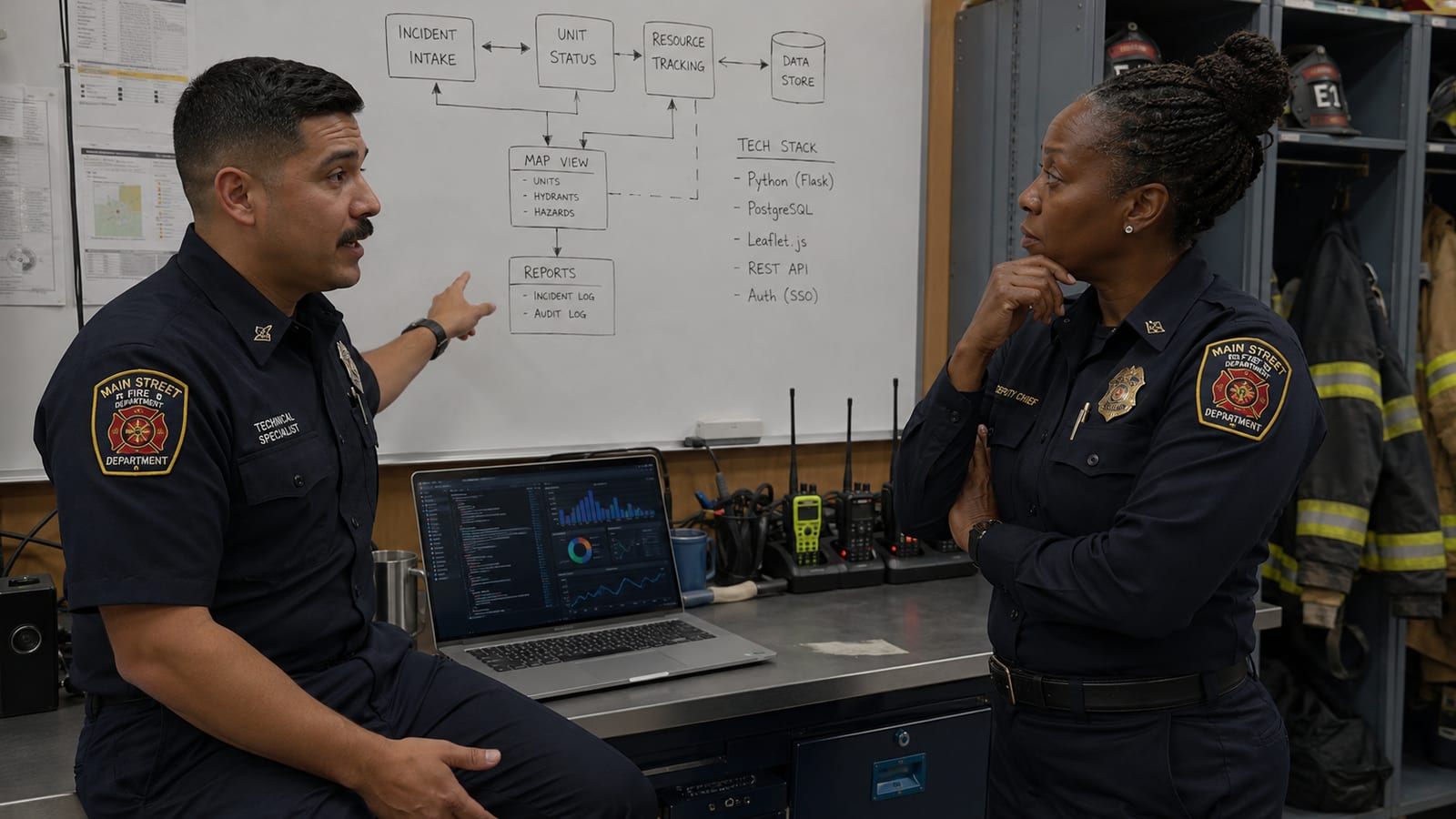 A department technical specialist walking a deputy chief through a system architecture and tech stack on a whiteboard