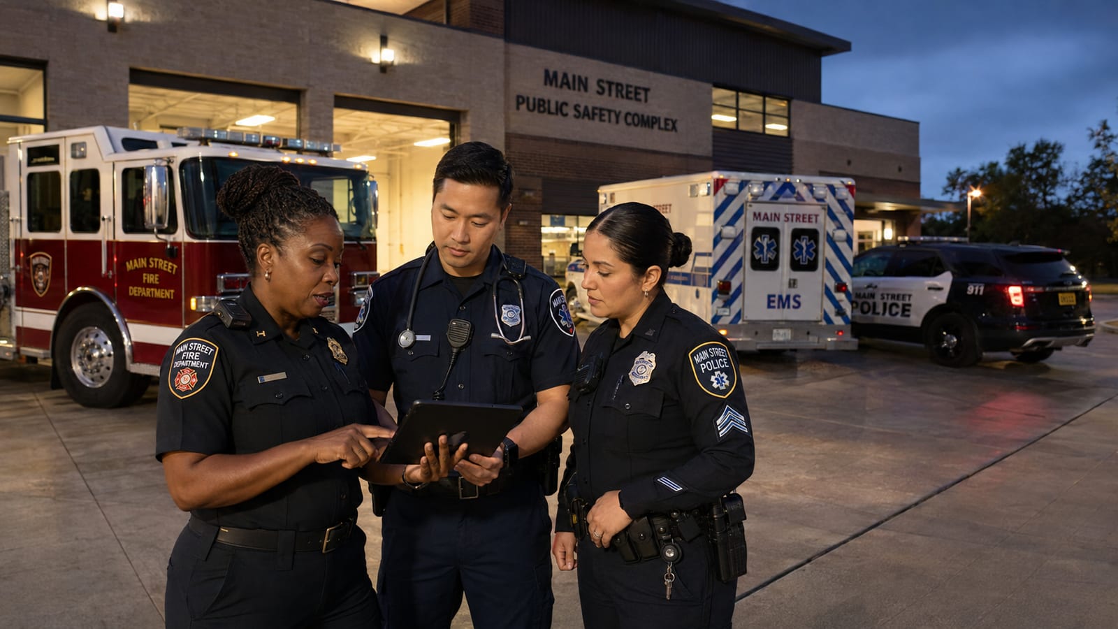 Fire, EMS and police responders reviewing information together on a tablet outside a public safety station