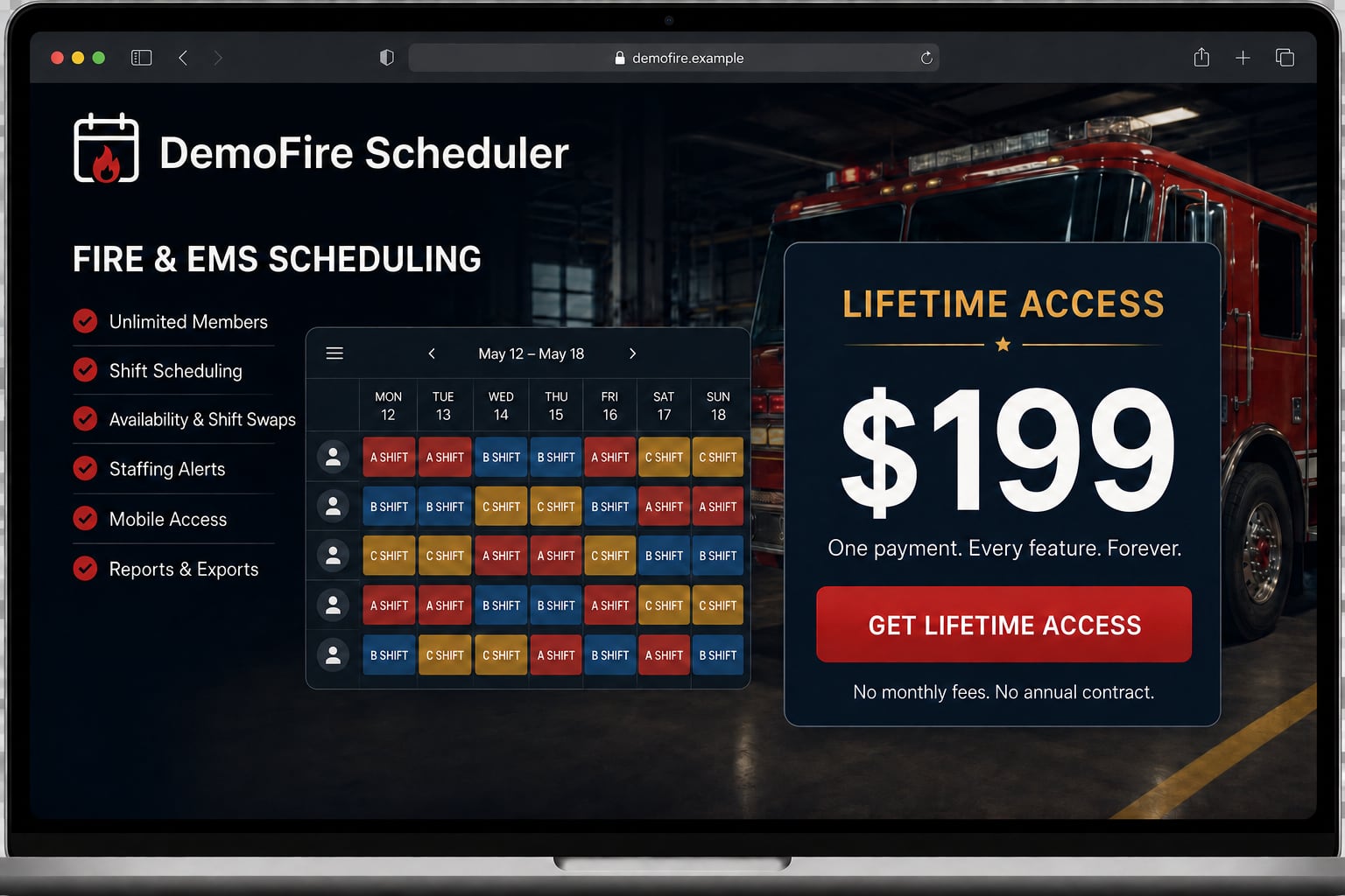 A mockup of a too-good-to-be-true "$199 lifetime access" fire and EMS scheduling product