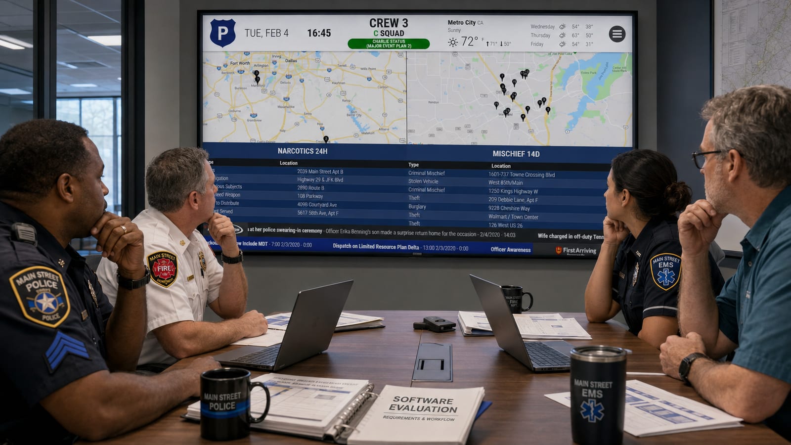 Public safety leaders reviewing a software evaluation requirements and workflow binder