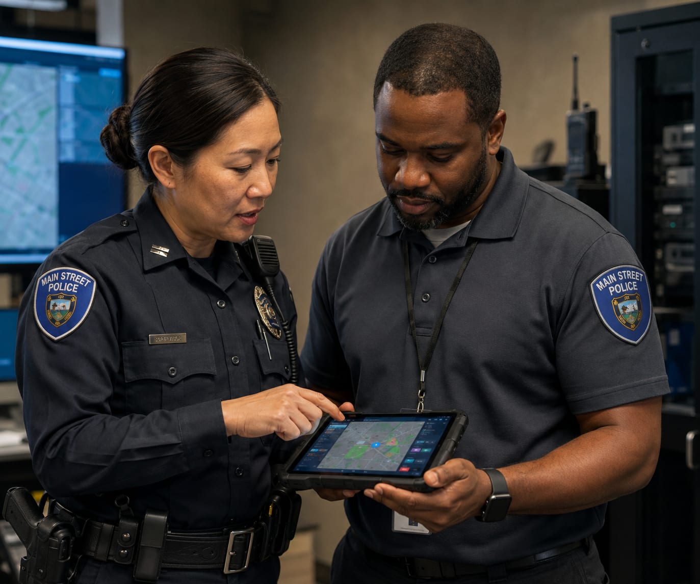 Two police officers reviewing a mapping application together on a tablet