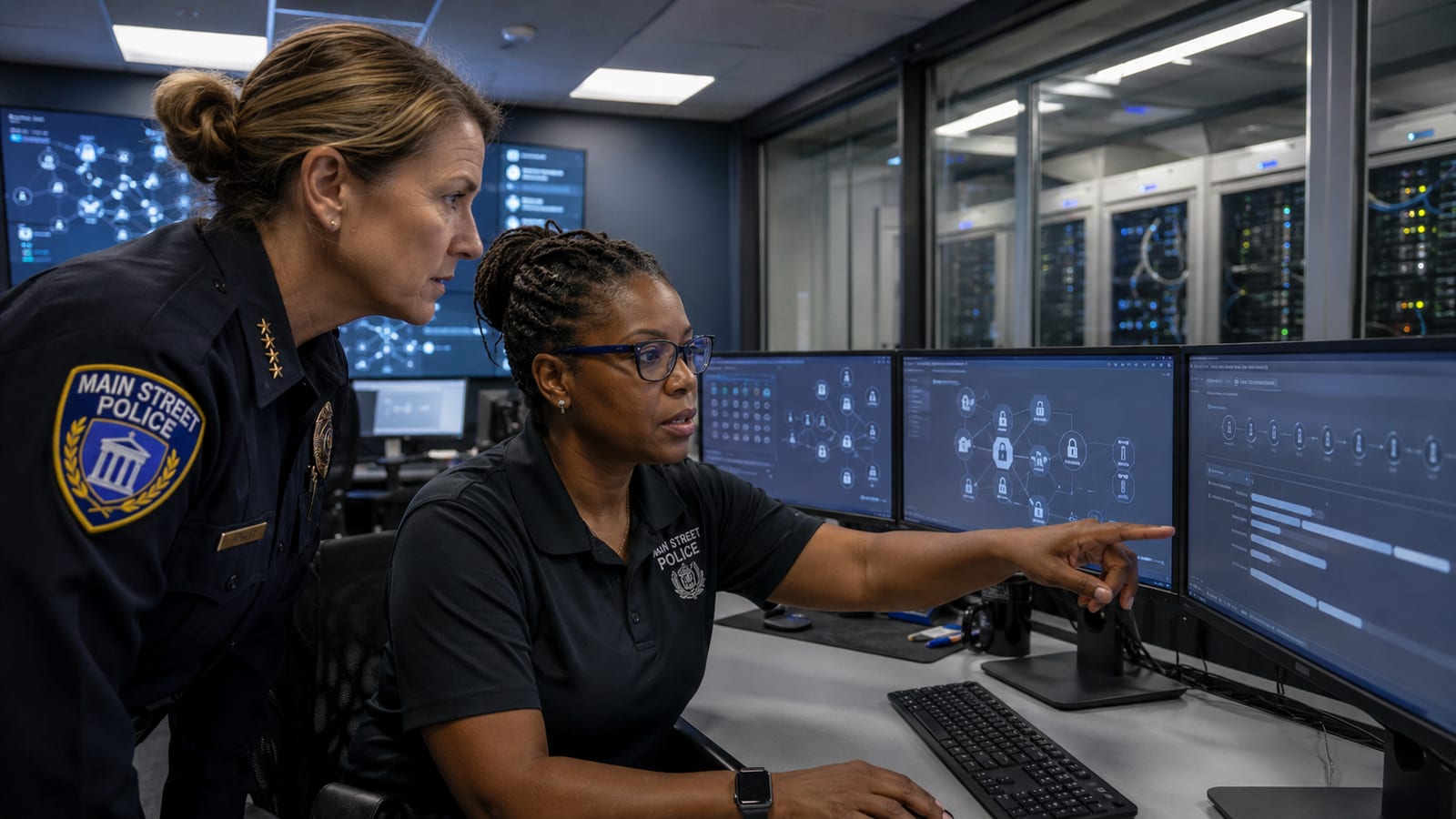 A police chief and analyst reviewing data-security dashboards in a network operations center