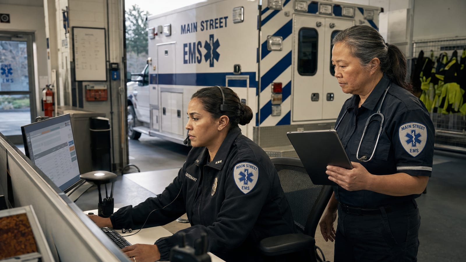 An EMS lieutenant and medic working at a dispatch and records workstation