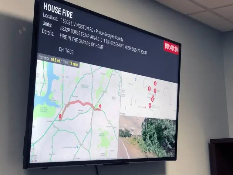 A station display showing an active house fire alert with map and route