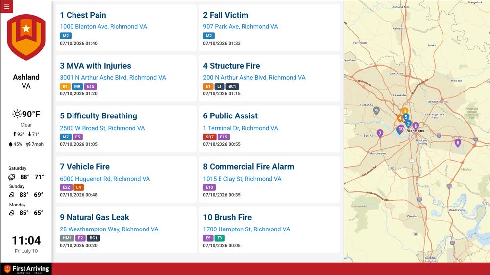 A dashboard showing a live incident list and map