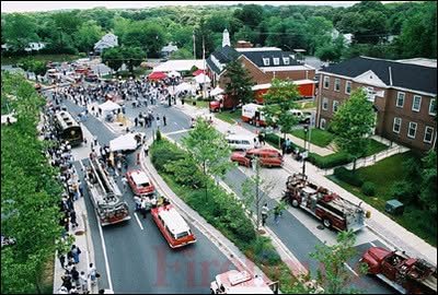 Aerial view of the Emergency! Fest crowd and apparatus