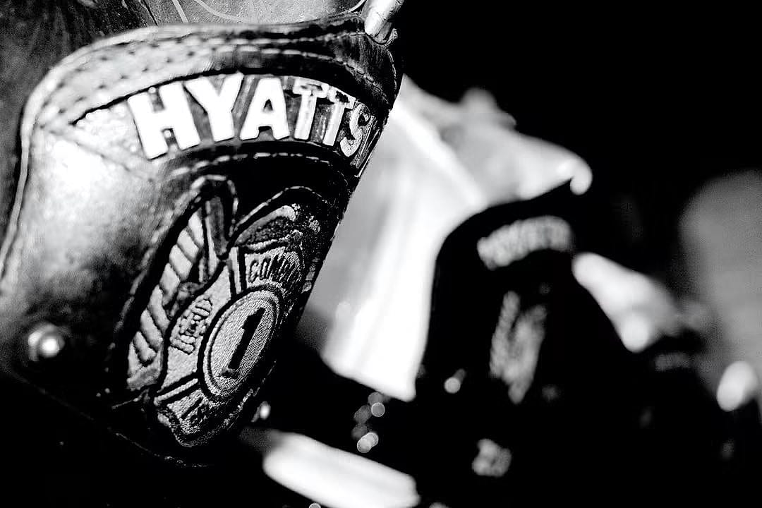 A Hyattsville Company 1 helmet, in black and white
