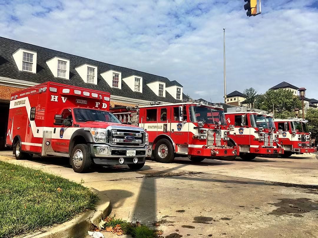 HVFD ambulance, engine, squad and truck lined up at the station