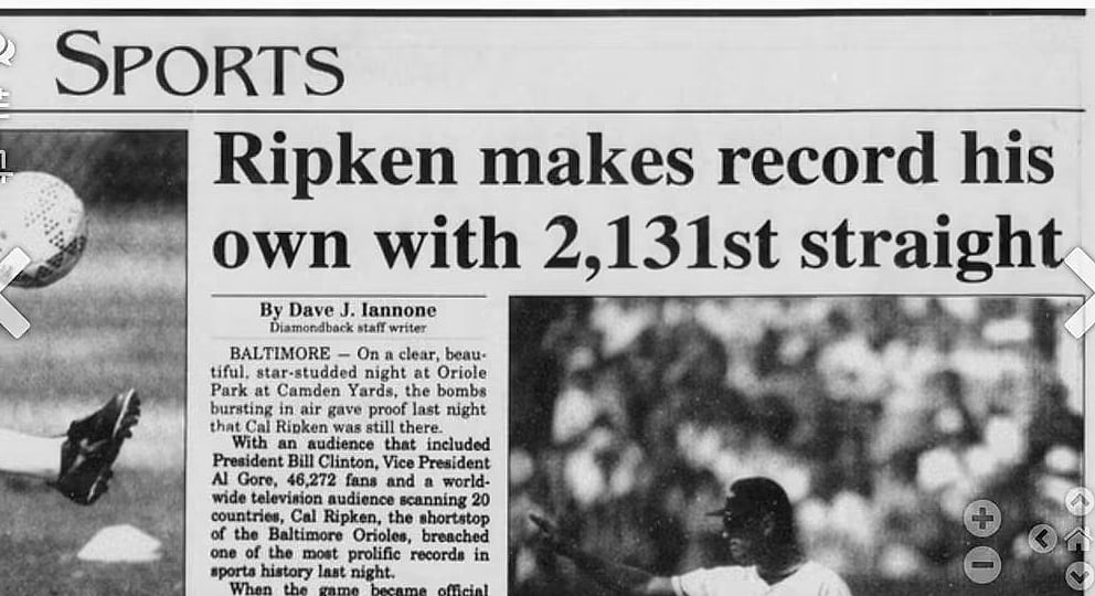 Dave Iannone byline in The Diamondback: Cal Ripken breaks the consecutive-games record