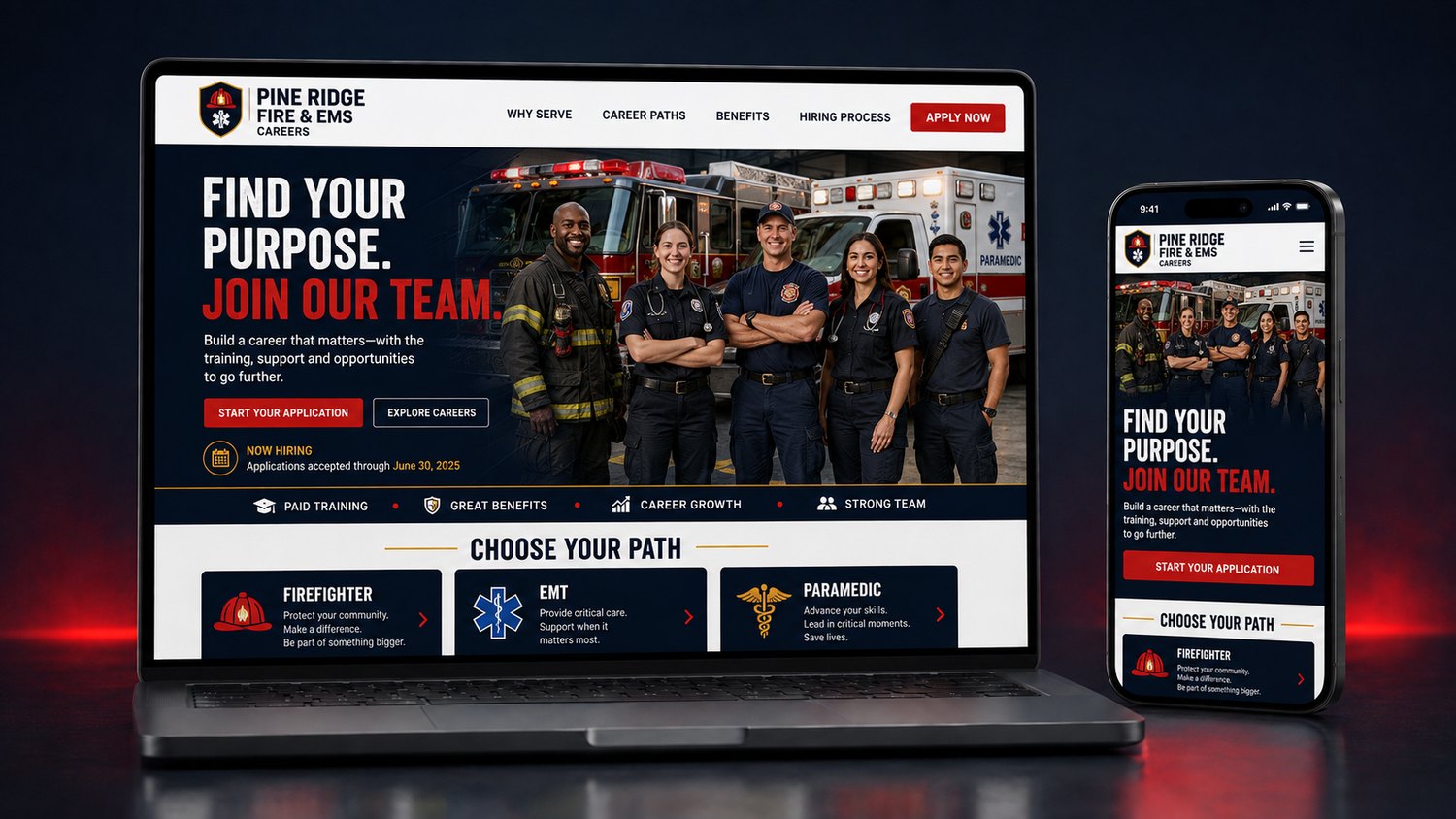 A dedicated fire and EMS recruitment website shown on a laptop and phone: Pine Ridge Fire & EMS Careers