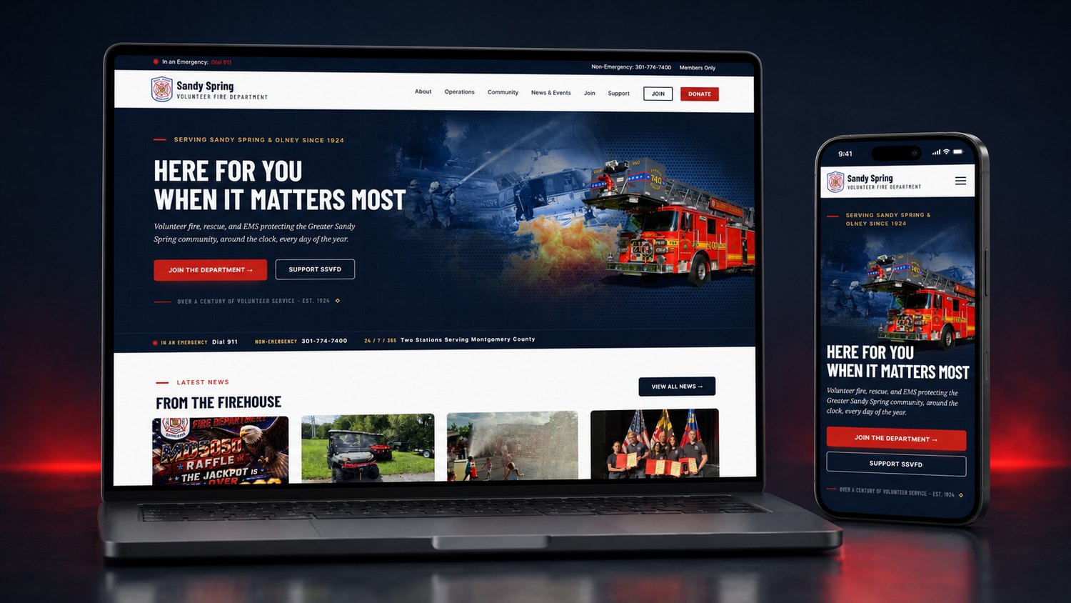 A modern fire department website shown on a laptop and phone: Sandy Spring Volunteer Fire Department